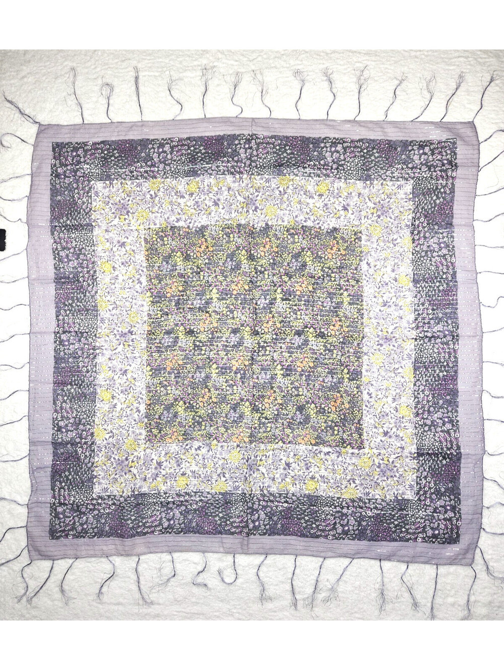 Kantha-Stitched Square Decorative Scraf or Throw With Lavender Thread Fringes